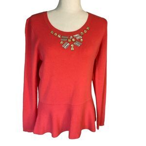 Banana Republic Coral Jewel Crew Neck Cashmere Wool Blend Peplum Sweater Size L